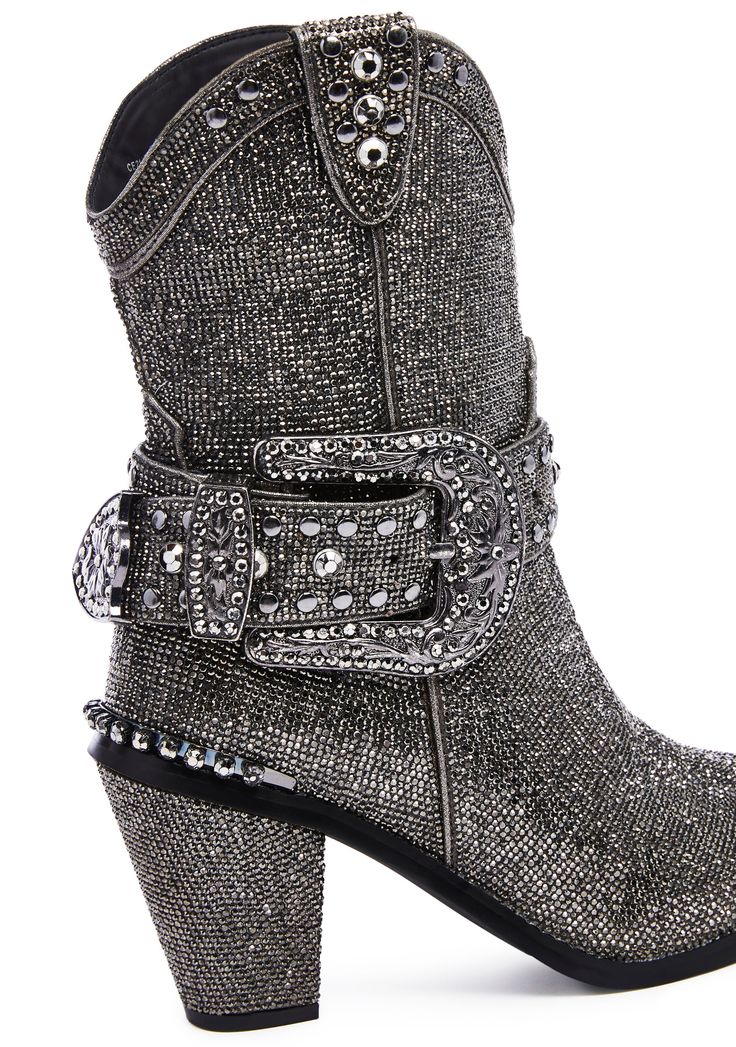 cuz you don't commit any fashion felonies! Be above the law in these blingin' rhinestone cowboy boots that have pointed toes, side zip closures, and detachable studded buckle straps. Western Party Boots With Rhinestone Rivets, Western Boots With Rhinestone Fringe For Fall, Western Rhinestone Fringe Boots For Fall, Western Style Party Boots With Bling, Western Snip Toe Boots With Rhinestones, Western Boots With Rhinestones And Snip Toe, Western Style Snip Toe Boots With Rhinestones, Western Boots With Rhinestone Rivets For Winter, Western Winter Boots With Rhinestone Rivets