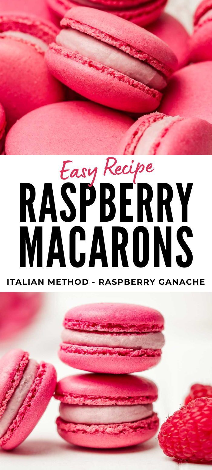 raspberry macarons are stacked on top of each other with the words easy recipe