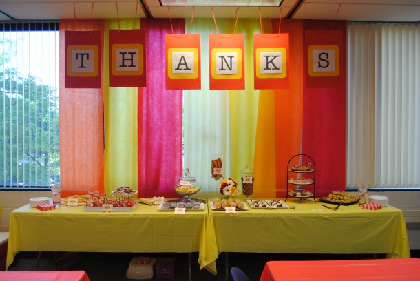 the table is set up for a thank you're so special event with colorful decorations