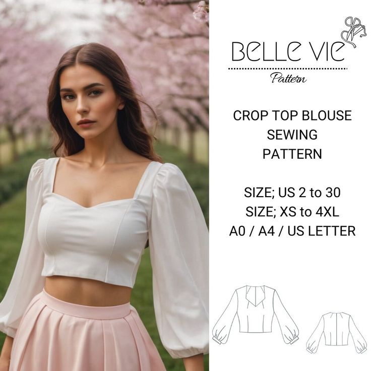 the crop top blouse sewing pattern is available in sizes xs to 4xl