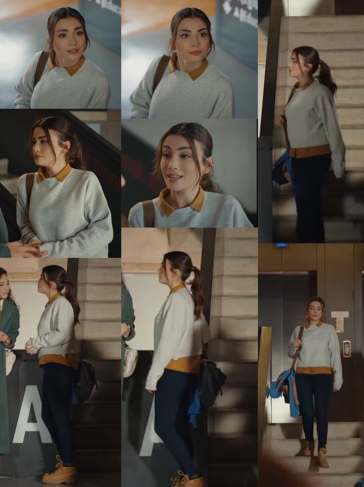 collage of photos of a woman in grey sweater and blue pants standing on stairs