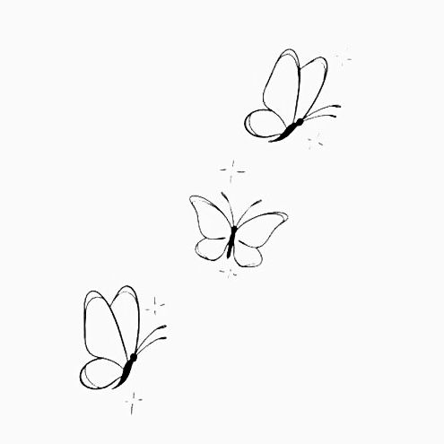 three butterflies flying in the sky with one being drawn on it's back side