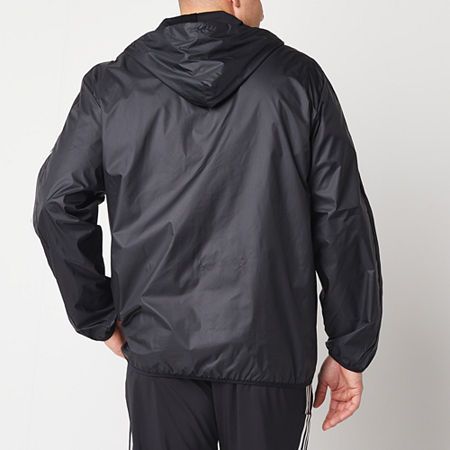 Add this adidas men's lightweight windbreaker to your repertoire for on-trend and high-performing workout looks. Crafted from a woven blend, this hooded jacket features the brand's signature striped design and has a full zip closure and side pockets. Style with jogger pants or workout shorts. Features: HoodedClosure Type: ZipperFit: Regular FitNeckline: Hooded NeckPockets: 2 Front Slip PocketsSleeve Length: Long SleeveWarmth Factor: LightweightOuterwear Length: MidFiber Content: 100% PolyesterFa Adidas Functional Windbreaker With Logo, Adidas Moisture-wicking Track Jacket, Adidas Moisture-wicking Sportswear Track Jacket, Moisture-wicking Nylon Windbreaker Techwear, Adidas Sporty Nylon Windbreaker, Nylon Moisture-wicking Techwear Windbreaker, Sportswear Nylon Track Jacket With Adidas Logo, Adidas Nylon Windbreaker For Sports, Adidas Logo Functional Track Jacket For Training