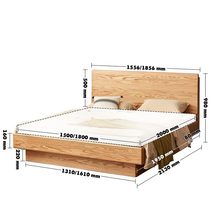 a bed with measurements for the headboard, foot board and mattress on it's side