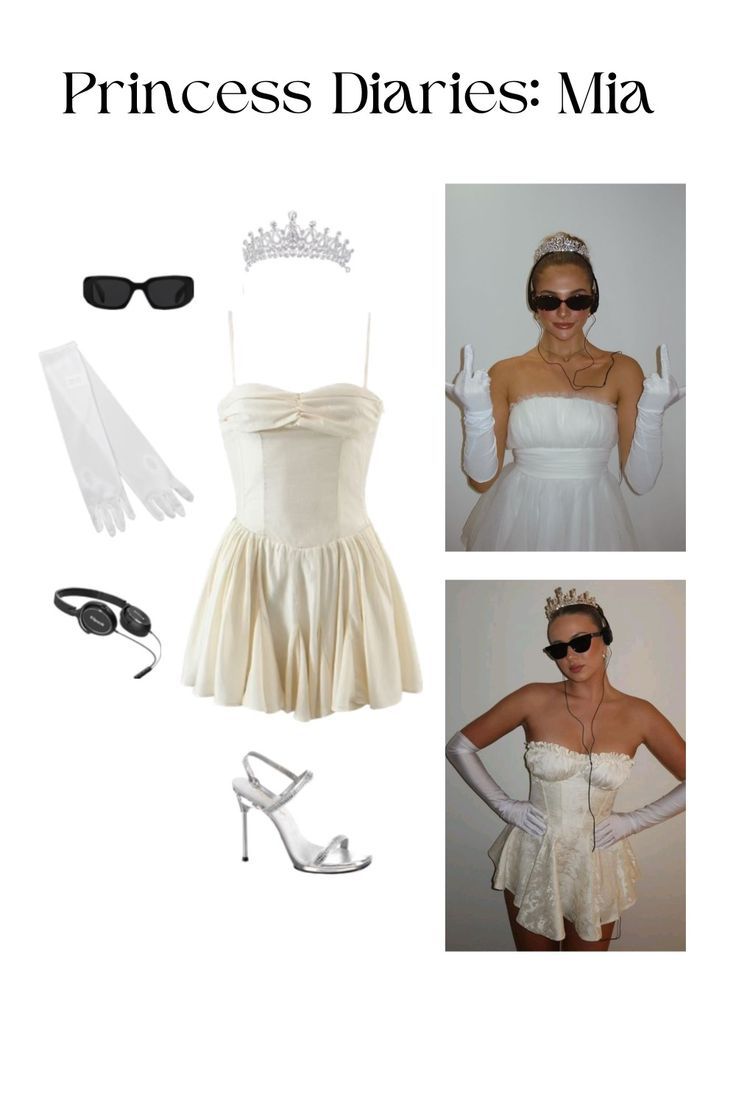 a woman in white dress and accessories with text that reads princess diaries mia on it