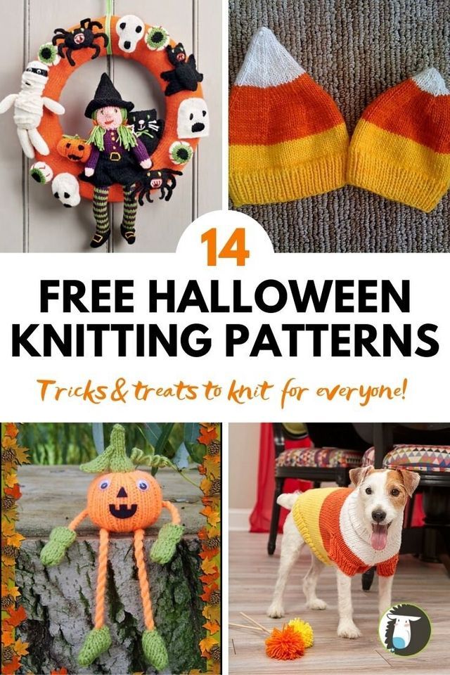 four pictures with pumpkins and knitted items in them, one is for halloween