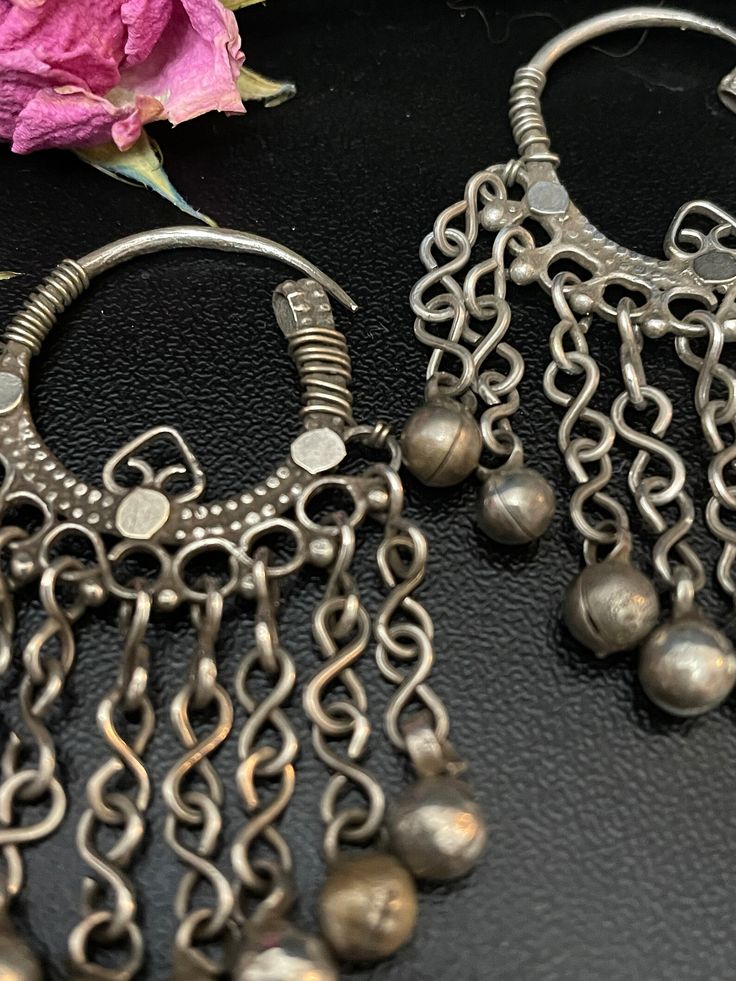 Vintage Silver Tribal Afghani Hoops With Drop Dangles - Etsy Bohemian Sterling Silver Jewelry With Latkans, Traditional Silver Chandelier Earrings With Oxidized Finish, Handmade Silver Hoop Earrings For Festive Occasions, Bohemian Sterling Silver Danglers For Festive Occasion, Ornate Silver Chandelier Earrings For Festivals, Festive Bohemian Sterling Silver Danglers, Traditional Silver Chandelier Earrings, Silver Chandelier Earrings With Intricate Design For Festivals, Bohemian Sterling Silver Danglers For Festivals