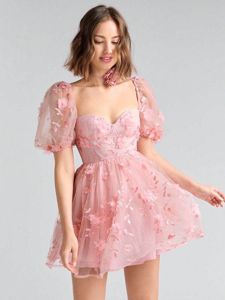 Romantic 3D Floral Embroidered Net Yarn Backless Short Dress Pink Party  Short Sleeve Knitted Fabric Colorblock,Floral,Plants,Butterfly,All Over Print A Line,Fit and Flare Non-Stretch  Women Clothing, size features are:Bust: ,Length: ,Sleeve Length: Butterfly Dresses For Women, Enchanted Forest Formal, Short Light Pink Dress, Pink Party Dress Short, Light Pink Short Dress, Pink Cottagecore Dress, Annie Core, Pink Fairy Dress, Pink Puff Sleeve Dress