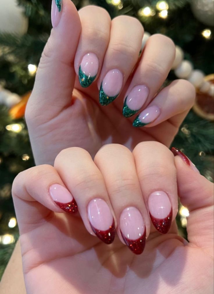 Instagram @nailsby_madi Christmas Glitter French Tip Nails, Red Green French Tip Nails, Chirmast Nails, Red And Green Nail Art, Red And Green Holiday Nails, Xmas Nails Red And Green, French Tip Christmas Nail Ideas Almond, Grinch French Tip Nails, Red Green And White Christmas Nails