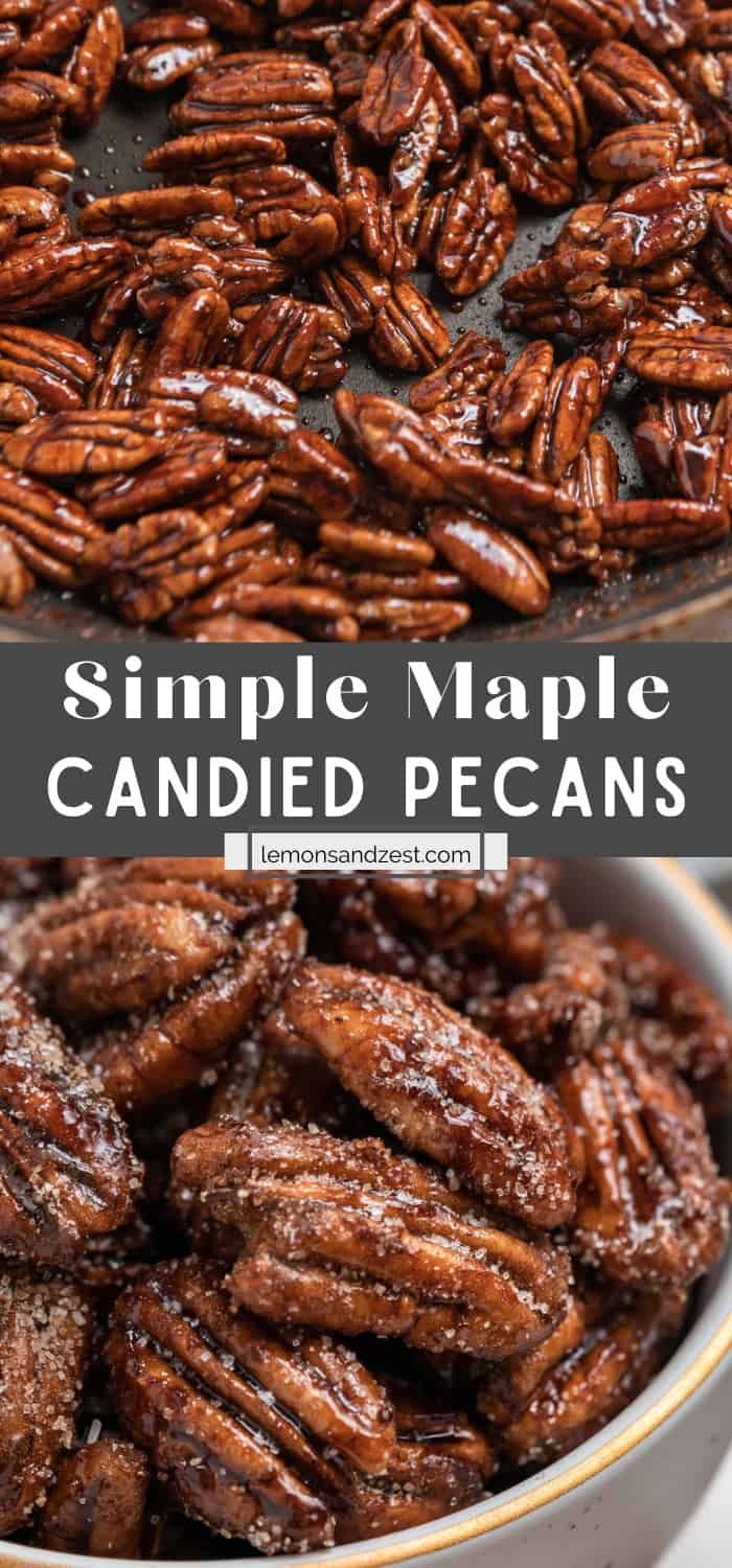 candied pecans in a white bowl with the words, simple maple candies