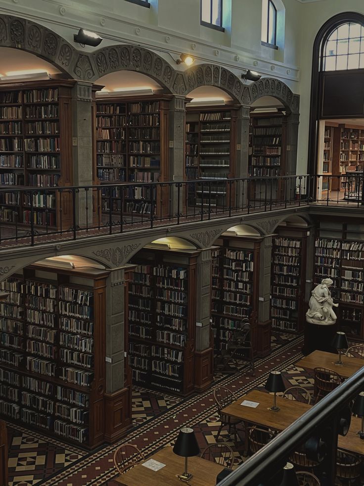 inside of a two-floor library,  nooks of book shelves are built in Dark Academia School Exterior, Surreal Library, Plot Planning, Giant Library, Blair Willows, Boarding School Aesthetic, University Aesthetic, العصور الوسطى, Dark Acadamia