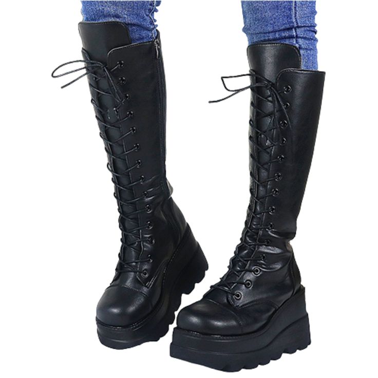 Gothic Punk Platform Boots, High Chunky Platform Boots, Riding Boots, Long Boots, Zipper Boots. PU Leather Boots. Combat Boots, Biker Boots, Punk Boots, Gothic Boots. Black Women's Boots. Looking to make a fashion statement? Then you can't go wrong with these awesome chunky, gothic, punk, platform boots. 3.5-inch heels are no problem with these super soft comfortable boots you will feel like you are floating on air, and they are surprisingly easy to walk in. Standing or walking for long periods Winter Punk Knee-high Faux Leather Boots, Punk Style Platform Moto Boots For Fall, Punk Style Faux Leather Knee-high Boots For Fall, Winter Punk Style Knee-high Faux Leather Boots, Edgy Fall Platform Boots For Concert, Punk Style Knee-high Boots With Round Toe For Winter, Punk Knee-high Platform Boots For Fall, Fall Punk Knee-high Platform Boots, Edgy Knee-high Boots With Round Toe For Winter