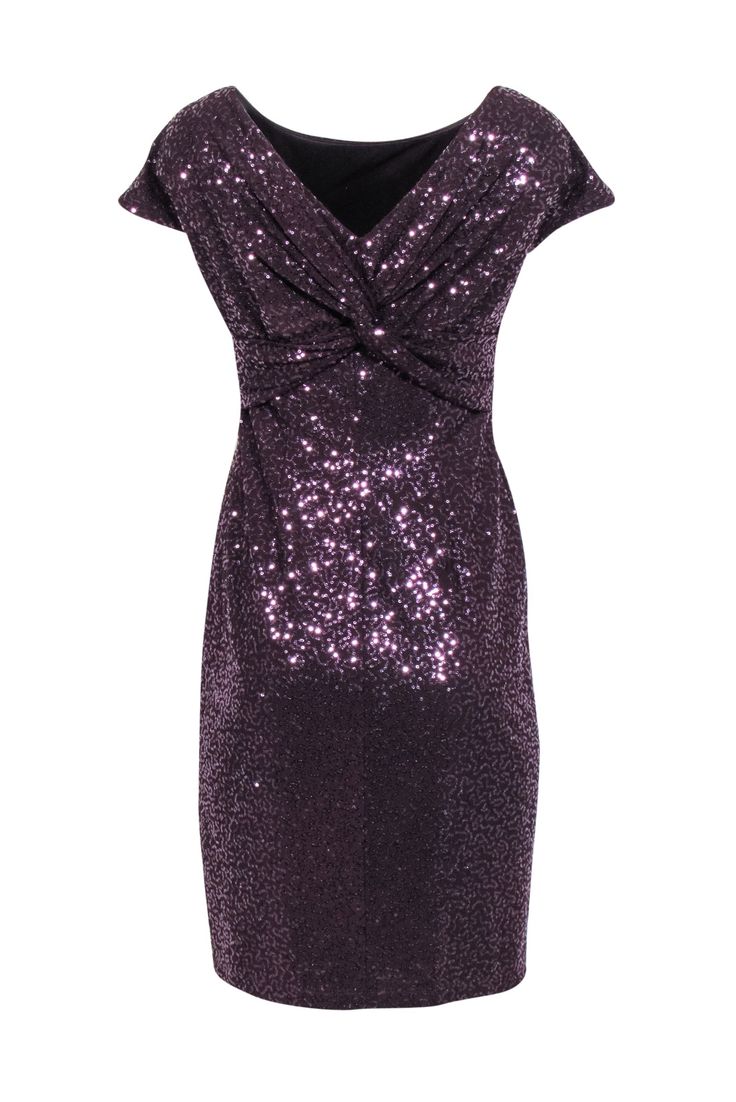 Shimmer into the new year, or any celebratory event, with this party-ready dress by David Meister. A deep purple hue is highlighted by light reflecting sequins and a beautiful twisted back. Pair with a nude or metallic heel for a look that shines bright. Size 6 Shell 92% Polyester, 8% Elastane Lining 100% Polyester Made in USA Sheath silhouette Knee length Knotted back detail Concealed side zipper Bust 36" Waist 28" Shoulder to hem 38" Sleeve length 7" Sequined Dress, Metallic Heels, Back Details, Purple Hues, Size 6 Dress, Shine Bright, Deep Purple, Sequin Dress, Side Zipper