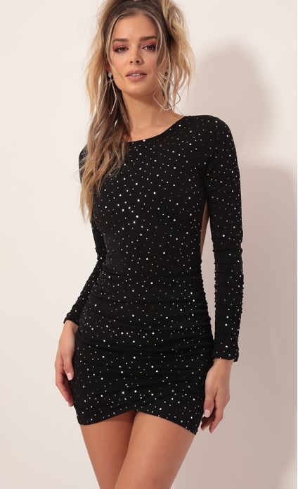 Party dresses > Josie Twinkling Open Back Dress in Black Backless Dress With Ruched Back For Night Out, Party Mini Dress With Cutout Backless Design, Backless Mini Dress With Cutout Back For Party, Black Backless Bodycon Dress With Ruched Back, Black Backless Dress With Ruched Back For Night Out, Mini Dress With Cutout Back For Party, Evening Ruched Backless Bodycon Dress, Ruched Backless Bodycon Dress For Evening, Backless Ruched Mini Dress For Party