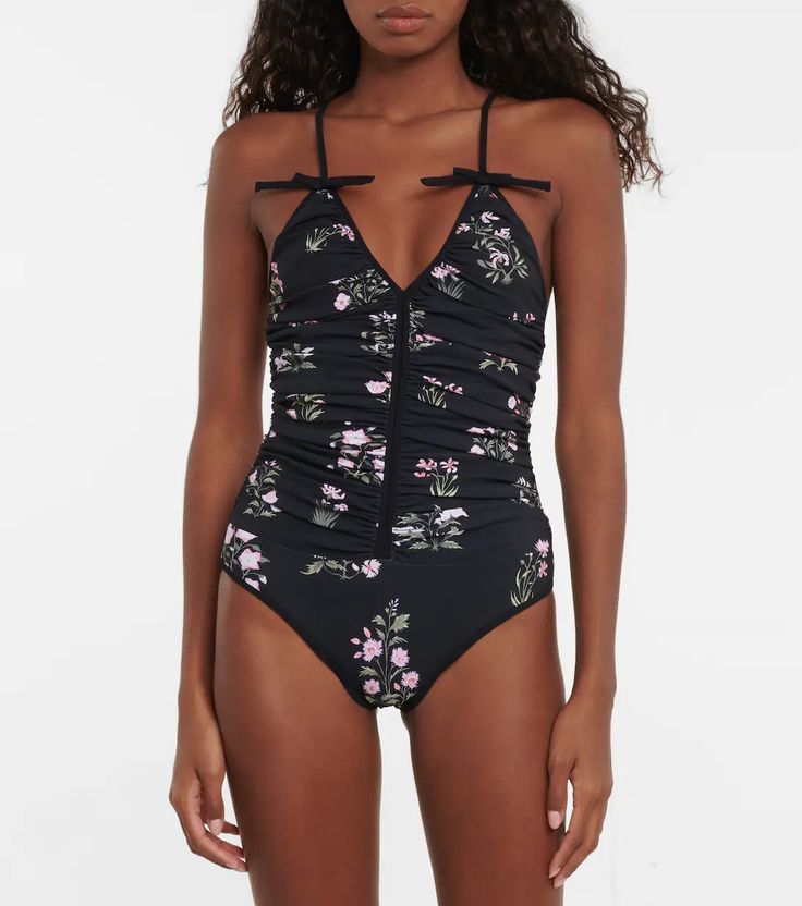 Printed Ruched Swimsuit in Black - Giambattista Valli | Mytheresa Fitted Ruched Swimwear For Sunbathing, Ruched Elastane Swimwear For Poolside, Poolside Ruched Elastane Swimwear, Beachwear Tankini With Ruched Sides For Pool, Fitted Beachwear Swimwear With Ruched Sides, Fitted Swimwear With Ruched Sides For Summer, Ruched Nylon Tankini For Sunbathing, Ruched Swimwear For Poolside, Floral Print Elastane Swimwear For Beach