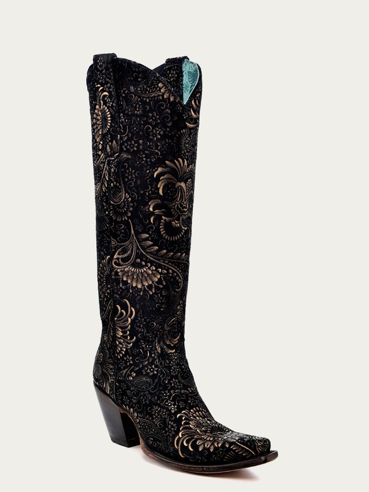 floral gold stamped black suede tall top women's boots A4481 Rodeo Queen Clothes, Boho Cowgirl Style, Gold Boots, Queen Outfit, Western Lifestyle, Ranch Wear, Corral Boots, Boho Cowgirl, Rugged Leather