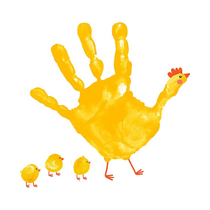 a handprint with an image of a yellow chicken and her chicks on white background