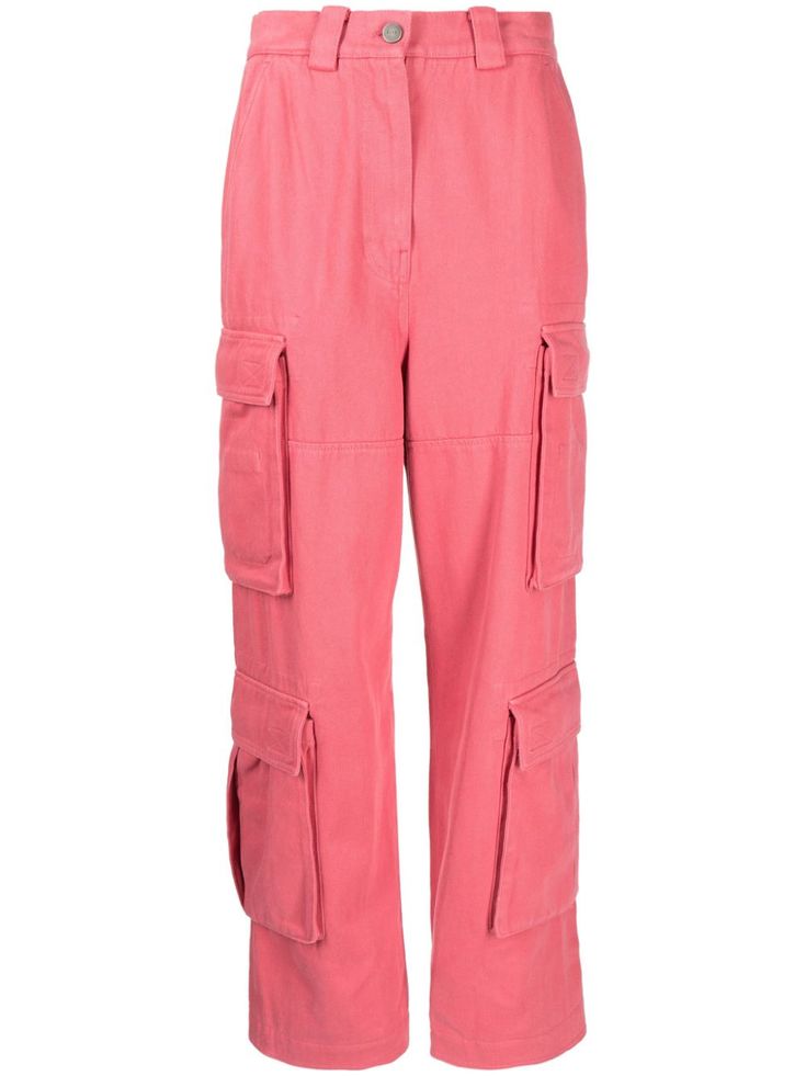 rose pink cotton appliqué logo straight leg high waist belt loops front button and zip fastening two side inset pockets multiple cargo pockets two rear flap pockets