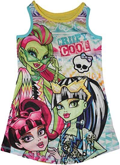 girls'tank top with cartoon characters on the front and back, all in different colors