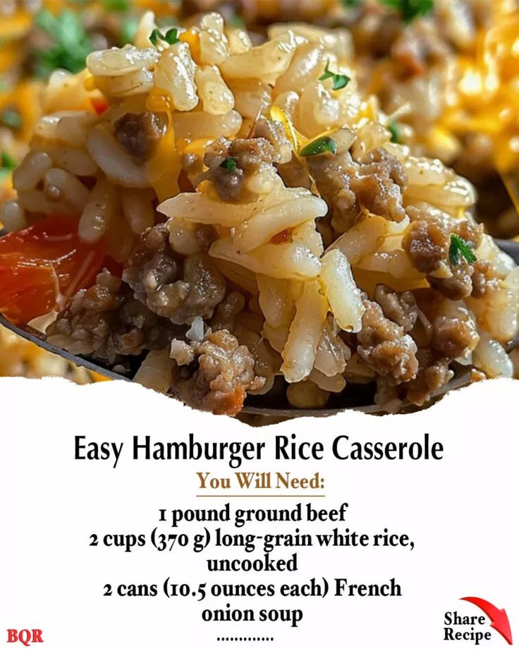 the recipe for hamburger rice casserole is shown on a plate with a spoon