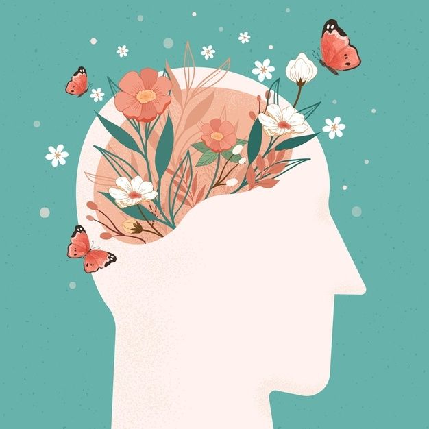 a person's head with flowers and butterflies on it, against a blue background