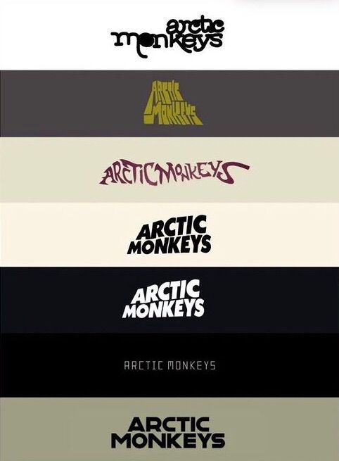 the arctic monkeys logo is shown in four different colors and font styles, including black, white