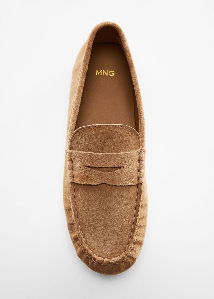 Suede leather moccasin - Woman | MANGO USA Cheap Beige Closed Toe Flats, Luxury Suede Tassel Loafers With Moc Toe, Office Moccasins With Suede Lining And Round Toe, Office Wear Round Toe Moccasins With Suede Lining, Office Round Toe Moccasins With Suede Lining, Suede Lined Leather Shoes With Almond Toe For Fall, Fall Leather Shoes With Suede Lining And Almond Toe, Suede Lined Almond Toe Leather Shoes For Fall, Fall Suede Lined Almond Toe Leather Shoes