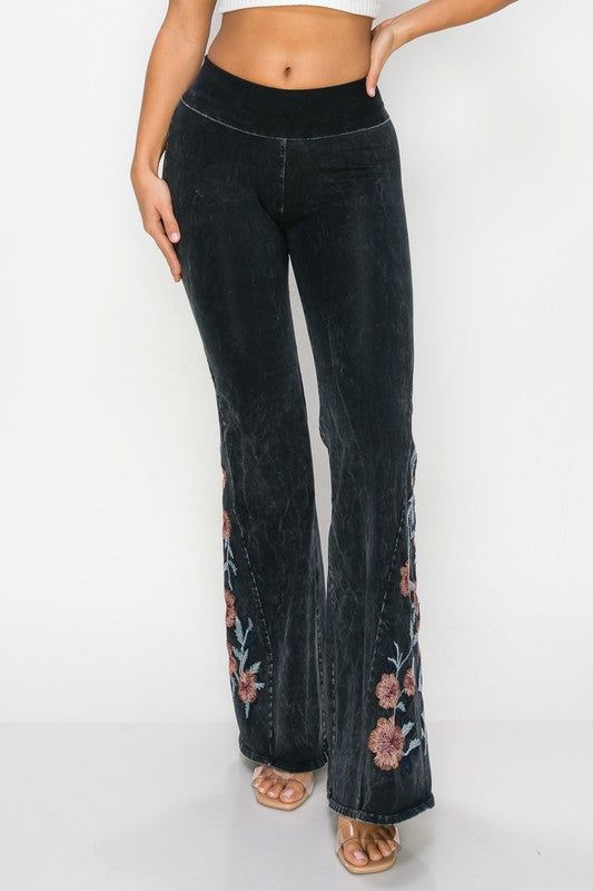 Dexterous formerly known as T-Party Flower embroidered flare foldover waist pants. Foldover or high waist. Skinny tight on thighs. Awesome romantic flowers, so pretty... don't pass these up! Color: Black Waist 26-28-30-32, inseam 31-3296% Cotton, 4% Spandex, wash inside out. Made in USA C4/CJ75486 Spring Embroidered Wide Leg Flare Jeans, Embroidered Wide Leg Flare Jeans For Spring, Embroidered Non-stretch Wide Leg Bottoms, Embroidered Mid-rise Flare Jeans For Fall, Spring Embroidered Cotton Flare Jeans, Trendy Wide Leg Bottoms With Floral Embroidery, Trendy Straight Leg Pants With Floral Embroidery, Trendy Floral Embroidered Wide Leg Bottoms, Mid-rise Embroidered Flare Jeans For Fall