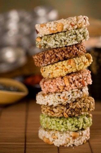 a stack of food sitting on top of a wooden table