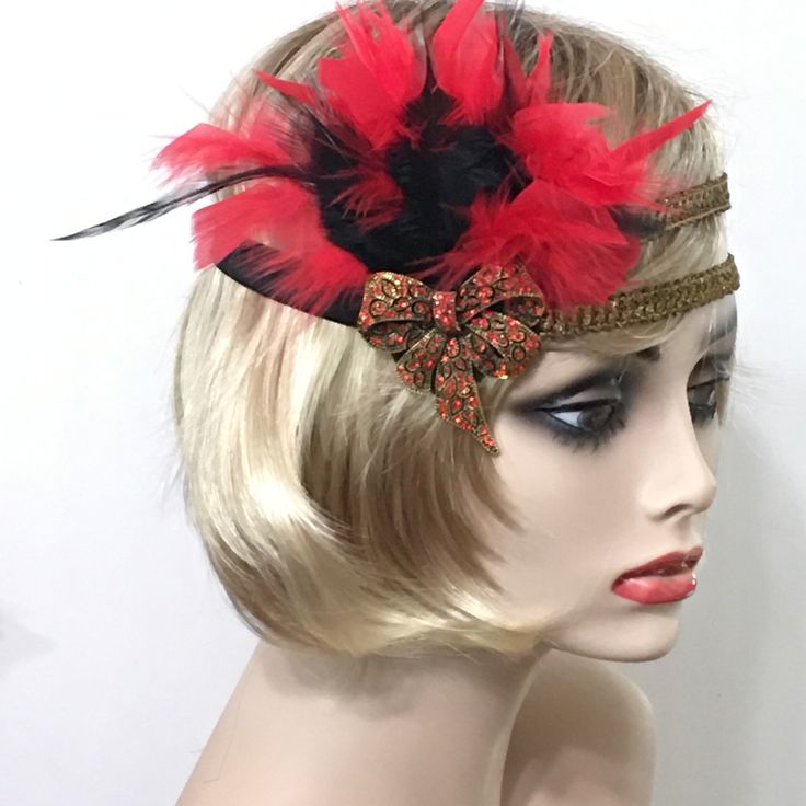 Bow Gatsby headband, 1920s headband, Valentines Day Headband, Flapper headband, 1920s headpiece, Great Gatsby headband, 1920s hair accessory   This stunning 1920's Downton Abbey vintage inspired Art Deco flapper headband is the perfect accompaniment for any styled event. I've designed and created this of a kind headband so feminine and romantic. Made with two rows of a black and gold woven trim backed with satin elastic. This headpiece features a flurry of black and Red Chandelle feathers embellished with a Vintage Inspired Antique Brass Bow brooch with Red Rhinestones.  I have designed and created each piece from my smoke-free studio. All pieces are securely wrapped and boxed to prevent damage/breakage. Ready to ship.  Feel free to convo me if you have any questions. Thank you very much f Vintage Headband Costume Hat For Party, Vintage Costume Headband For Party, Vintage Mini Hat Headband For Parties, Vintage Party Headband Hair Accessories, Vintage Headband Hair Accessories For Party, Gatsby Style Party Headband, Flapper Style Fascinator Headband For Party, Gatsby Style Headband Fascinator, Vintage Headband Headpiece For Evening