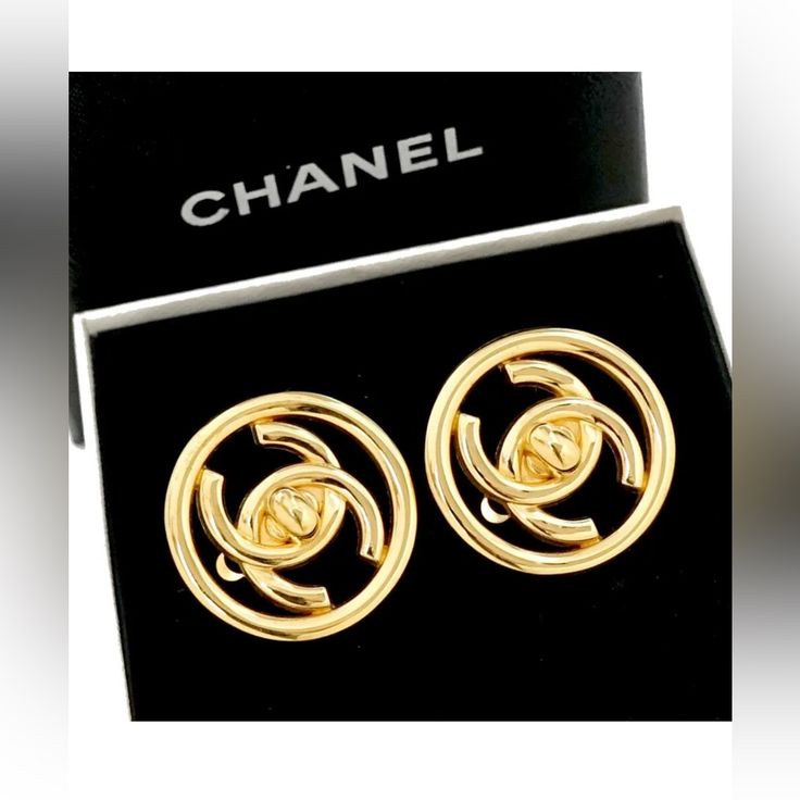 Questions? Leave A Comment Below! Jewelry Chanel, Round Logo, Chanel Jewelry, Box Color, Earrings Gold, Leave A Comment, Clip On Earrings, Gold Earrings, Gold Tones