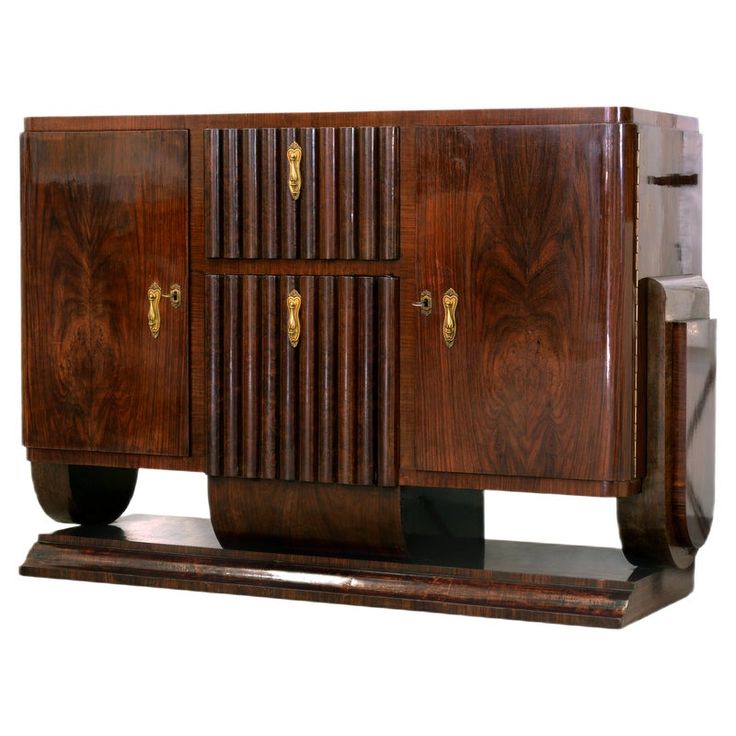 an art deco sideboard with two doors and three drawers on the front, one door open