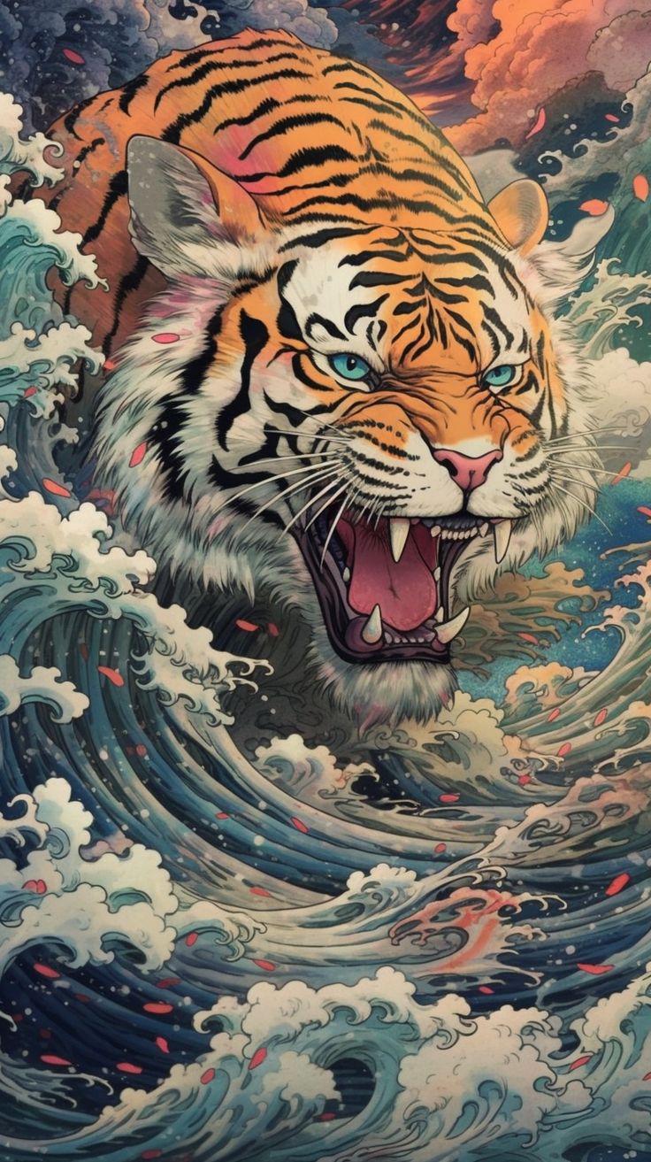 a painting of a tiger with its mouth open