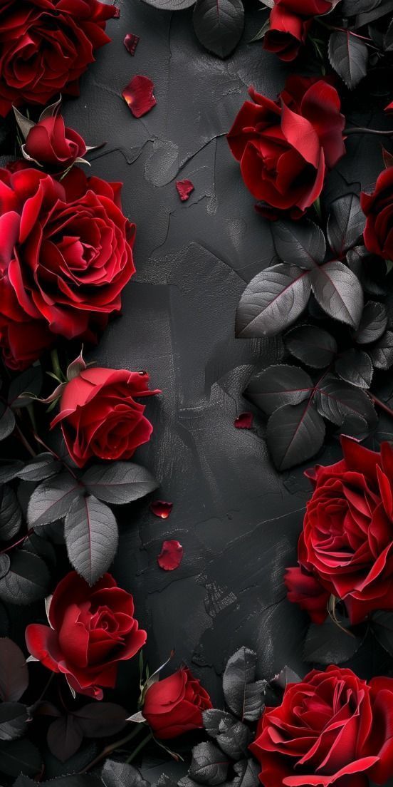 red roses are arranged in the middle of a black and gray background with leaves on it