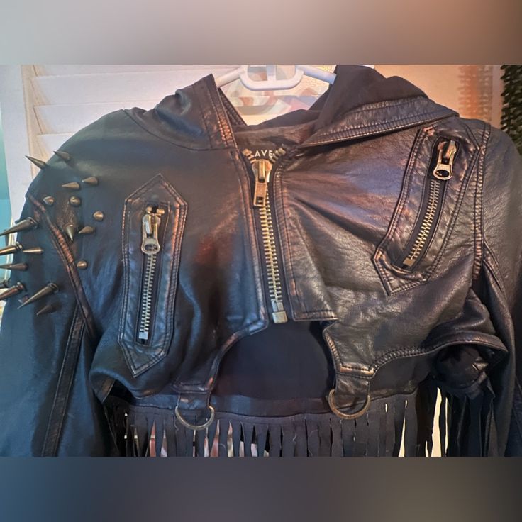 Punk, Rave, Crop Jacket, With Fringe Detail, Spikes On The Shoulder. Great For A Punk Look. Essentially In Brand New Condition. Has Been Tried On At Home, But Never Worn Out Of The House. Size A Large, Would Fit A 6 To 8. Jacket With Tassels, Punk Looks, A Punk, Punk Rave, Crop Jacket, Dolls Kill, The House, At Home, Jackets & Coats