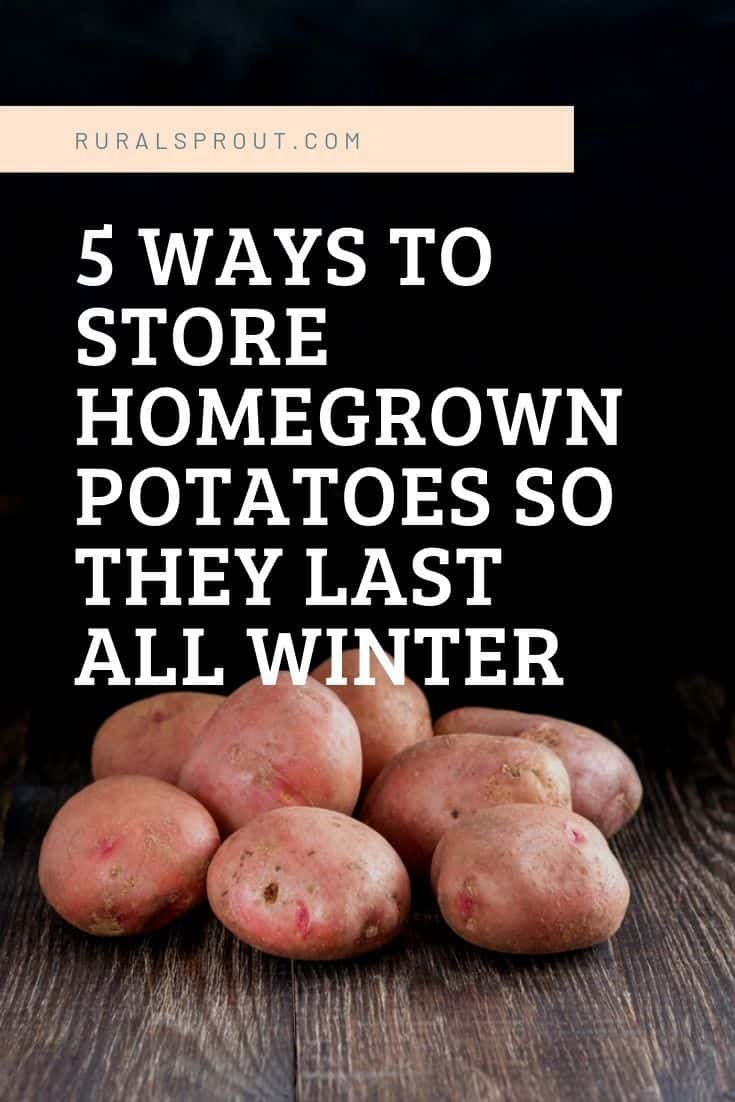 potatoes piled on top of each other with the words 5 ways to store homegrown potatoes so they last all winter