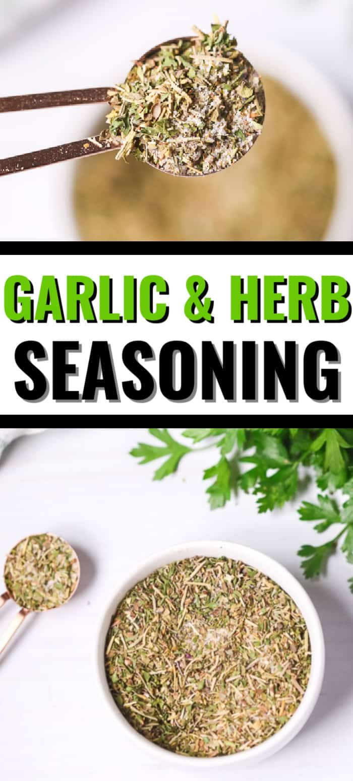 garlic and herb seasoning in a white bowl with spoons next to it on a table