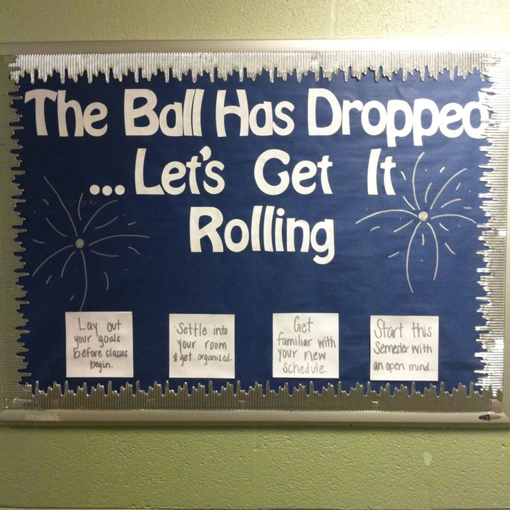 a bulletin board with writing on it that says the ball has dropped let's get it rolling