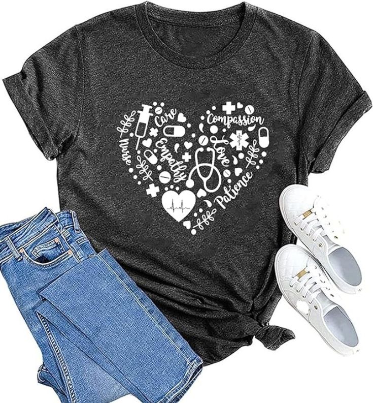 Do you have someone graduating nursing school or new to the healthcare field, these are perfect gift ideas for them.  Or if you are a RN, LPN, MA these would be perfect items for you.  Check out my Amazon Affiliate Store Front for more ideas. Nursing Student Shirts, Cute Love Heart, Nurse Shirts, Care Worker, Women Nurse, Healthcare Workers, T Shirt Image, Tops Casual, Nursing Tshirts