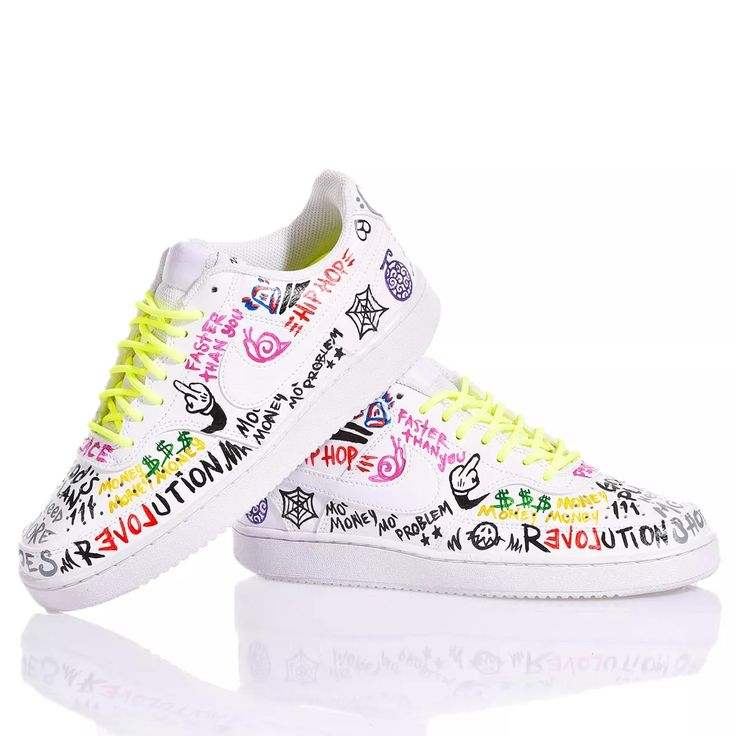 Nike Full Graffiti is the custom sneaker for both men and women in full street style, completely hand-drawn and covered in graffiti, just like in the most famous street neighborhoods in the world. Perfect for your bold and outgoing style, also thanks to the fluorescent yellow lace. Nike Full Graffiti will also be provided with its original white lace. Multicolor Custom Sneakers With Vulcanized Sole For Streetwear, Urban Multicolor Skate Shoes For Streetwear, Custom Lace-up Sneakers With Logo Print For Streetwear, Casual Low-top Sneakers With Graffiti Print, Casual Custom Sneakers With Graffiti Print And Round Toe, Casual Custom Sneakers With Graffiti Print, Funky White Custom Sneakers For Streetwear, Sporty Low-top Sneakers With Graffiti Print, Graffiti Print Lace-up Sneakers For Streetwear