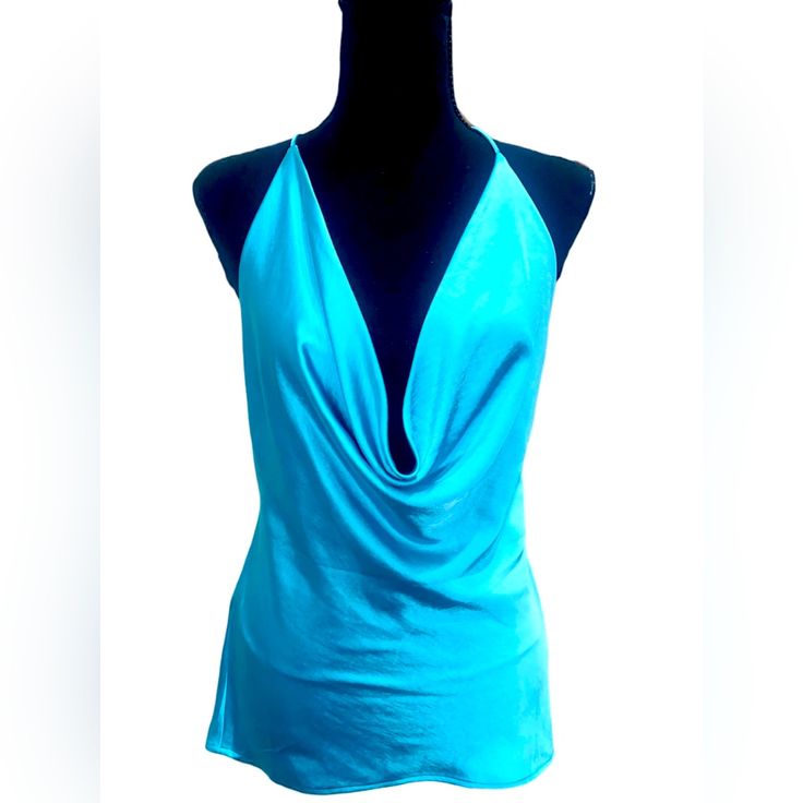 Brand New Beautiful Satin Spaghetti Strap Piece Can Be Dressed Up Or Dressed Down With Jeans, A Skirt Or Slack. This Vibrant Color Will Let You Stand Out This Spring And Summer. Blue V-neck Halter Top For Spring, Elegant Blue V-neck Tank Top, Elegant Blue Spaghetti Strap Tank Top, Blue V-neck Tank Top With Built-in Bra, Blue Fitted Backless Halter Top, Fitted Blue Backless Halter Top, Chic Blue Camisole For Summer, Blue Fitted Halter Top With Spaghetti Straps, Blue Fitted Spaghetti Strap Halter Top