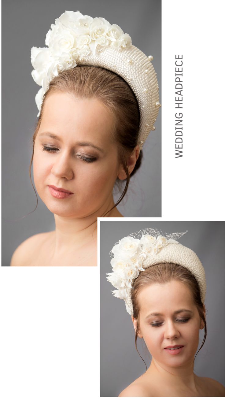 Bridal headband with pearls inspired by wonderful Kate Middleton. Bridal flower crown is hand made and hand stitched. Bridal headpiece comes with multi-sized faux pearls. Bridal hairband has been covered in a high quality Italian fabric. Halo crown headband has been trimmed with flowers and leaves covering the right ear side. Modern and elegant wedding fascinator will instantly elevate any outfit. Perfect for special events. One size. Elegant Bridal Accessories With Handmade Flowers For Wedding, Elegant White Round Crown Headpiece, Elegant Wedding Headpiece With Handmade Flowers, Cream Headband Headpieces For Ceremony, White Handmade Flower Headpieces For Wedding, White Wedding Headpieces With Handmade Flowers, Adjustable Wedding Hair Accessories With Structured Crown, Handmade Wedding Headband Fascinator, Adjustable Crown Hair Accessories For Wedding