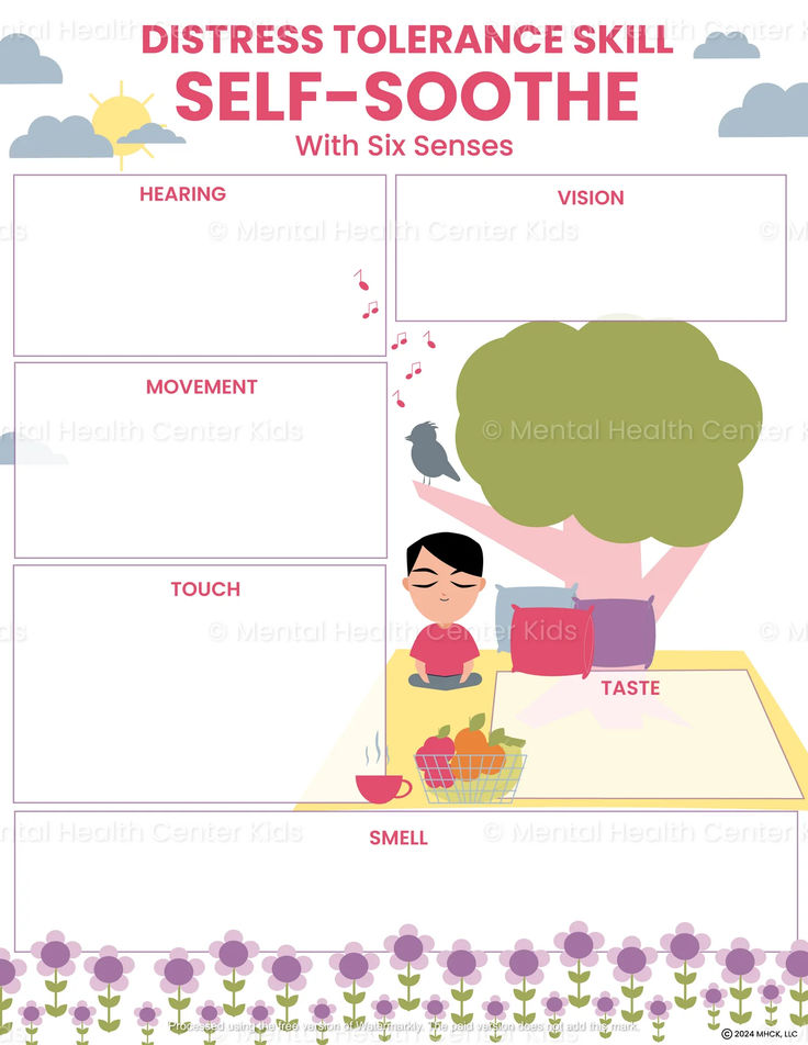 DBT Self Soothing Worksheet for Kids and Teens Self Soothing Techniques, 6 Senses, Character Education Posters, Distress Tolerance Skills, Self Soothing, Adolescent Therapy, Coping Skills Worksheets, Anger Management Worksheets, Coping Skills Activities