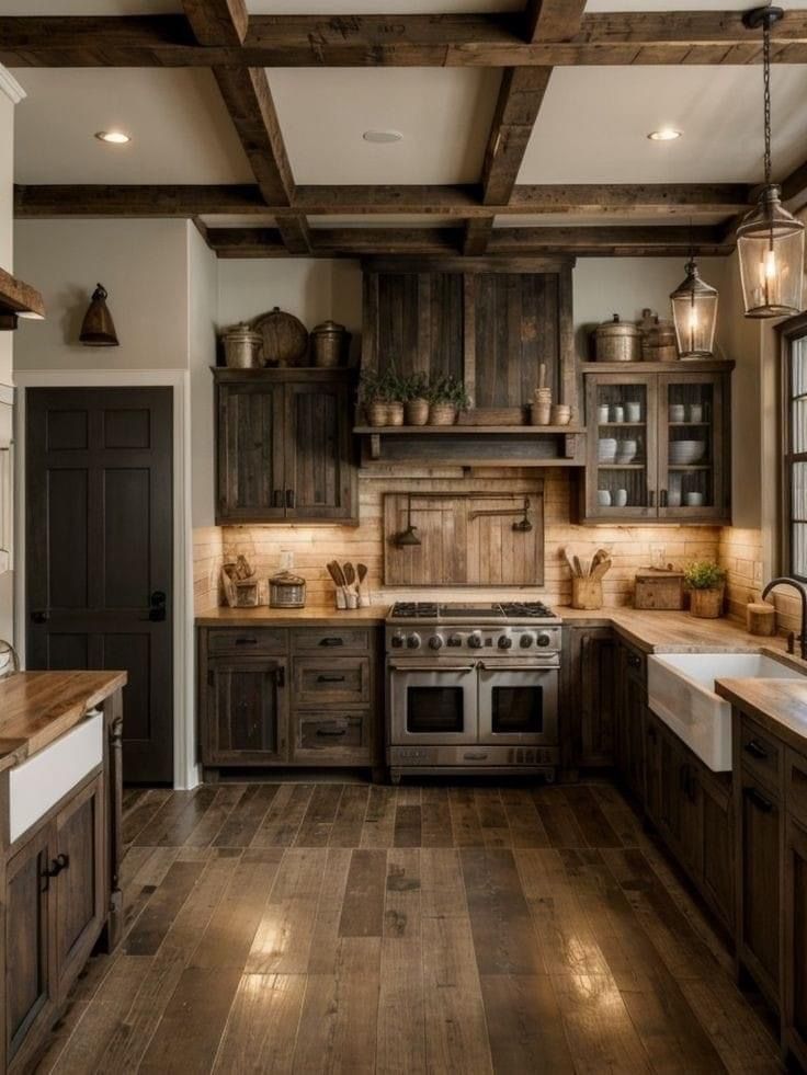 a kitchen with wood floors and wooden cabinets