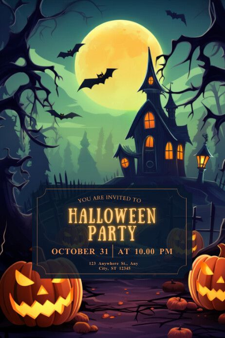 a halloween party poster with pumpkins in front of a house and bats flying over it