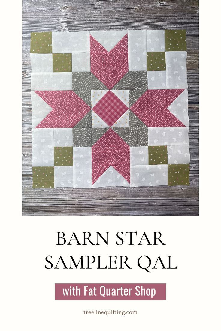 Quilt block 8 for the Barn Star Sampler Quilt Along.  The Farmer's Star block is made from Sweetwater fabrics in pink, green, gray, and white.  It is made with nine patch corners, flying geese and sew and flip squares for the side and a square in a square block in the middle. Star Sampler Quilt, Quilt Blocks Easy, Quilt Book, Barn Quilt Designs, Quilt Block Patterns Free, Sampler Quilts, Star Quilt Blocks, Star Blocks, Star Quilt Patterns