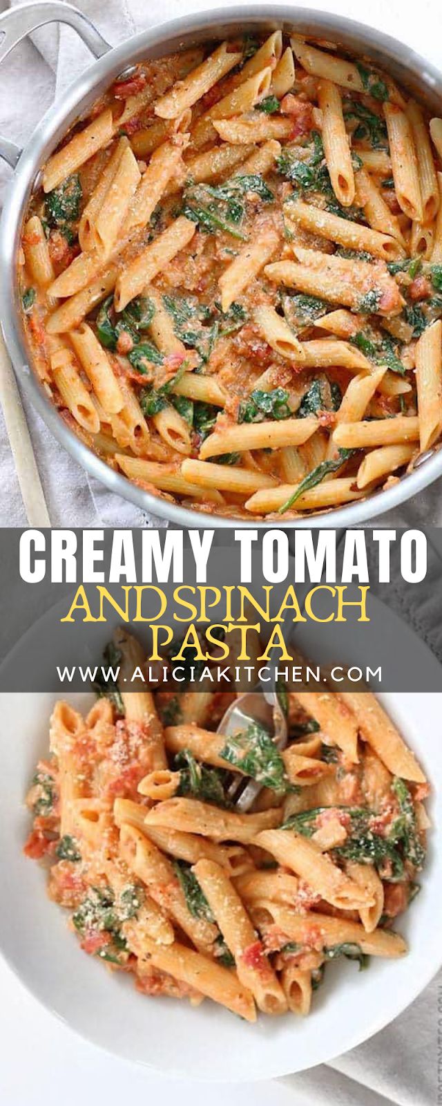 creamy tomato and spinach pasta in a white bowl