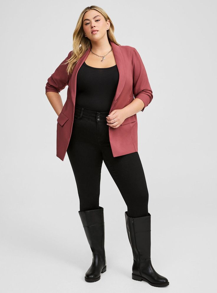 FIT Model is 5'9” wearing size 1. . Classic fit: Fitted up top, eased through the body. Designed with room to stretch your arms. Longline silhouette. Measures 32” from shoulder (size 2). MATERIALS + CARE Studio Refined Crepe woven fabric: Say hello to lightweight luxury—perfect stretch, wrinkle resistance and style that suits you just right. . Stretch Level: Medium. . Wrinkle resistant. . 98% polyester, 2% spandex. . Machine wash cold. Tumble dry low. . Imported. DETAILS Shawl collar. Two button closure. Flap pockets. Vented back. Fully lined. WHY WE LOVE IT It’s your most buttoned-up blazer! Expertly tailored with a slightly longer length. It’s fully lined so it has a structured, refined look. The best plus size women's soho studio refined crepe blazer blazers in wild ginger made of studi