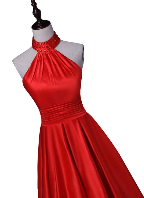 Red Long Party Dresses, Halter Satin High Quality Formal Dresses, Red Formal Gowns on Luulla Red A-line Satin Dress For Prom, Red Fitted A-line Satin Dress, Red Satin A-line Dress, Red Satin Finish Party Dress, Red A-line Gown For Party, Red Satin Dress With Satin Finish, Red Satin Finish Dress, Red Sleeveless Satin Dress For Prom, Red Sleeveless Satin Dress For Prom Season