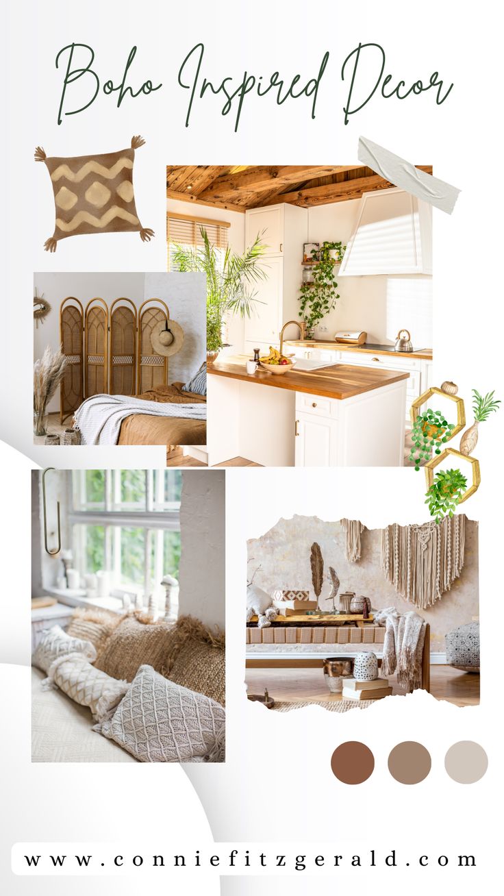 a collage of photos with plants and other things in the room, including baskets